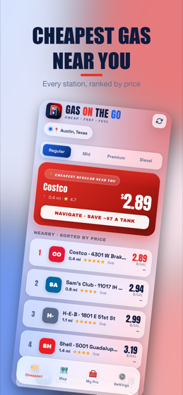 Gas On The Go showing cheapest gas stations near you