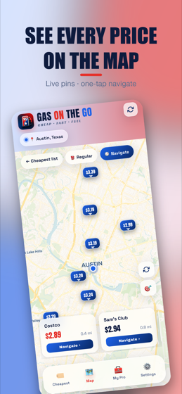 Map of nearby gas stations with prices